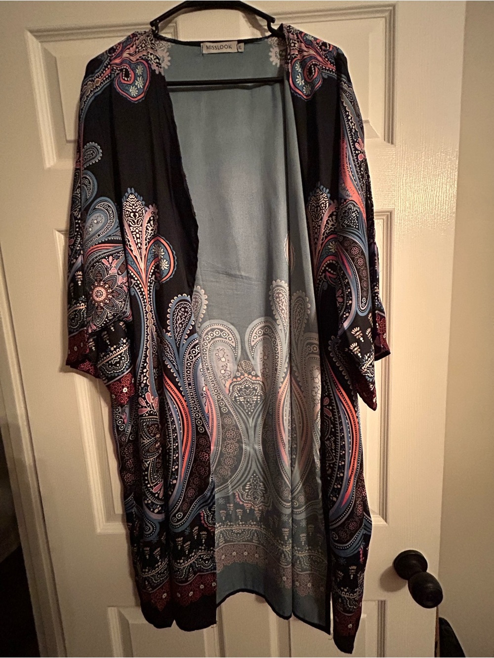 MISSLOOK Black Paisley Open-Front Kimono with Blue & Pink Accents